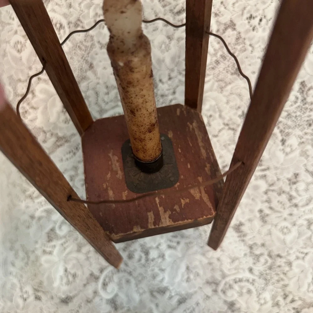 Primitive Wood and Wire Lantern with Faux Taper Candle Rustic Folk Art Farmhouse